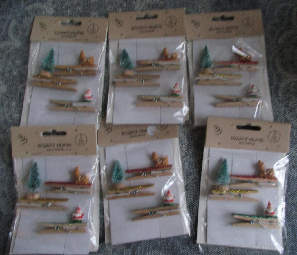6 x 3 (kerst) knijpers met glitter - hert / spar / kerstman, Ophalen of Verzenden, Nieuw