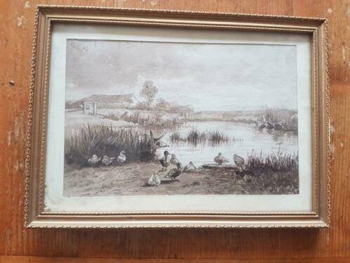 orig. aquarel aquatint H. D. Kruseman van Elten eendjes plas, Antiek en Kunst, Kunst | Schilderijen | Klassiek, Ophalen