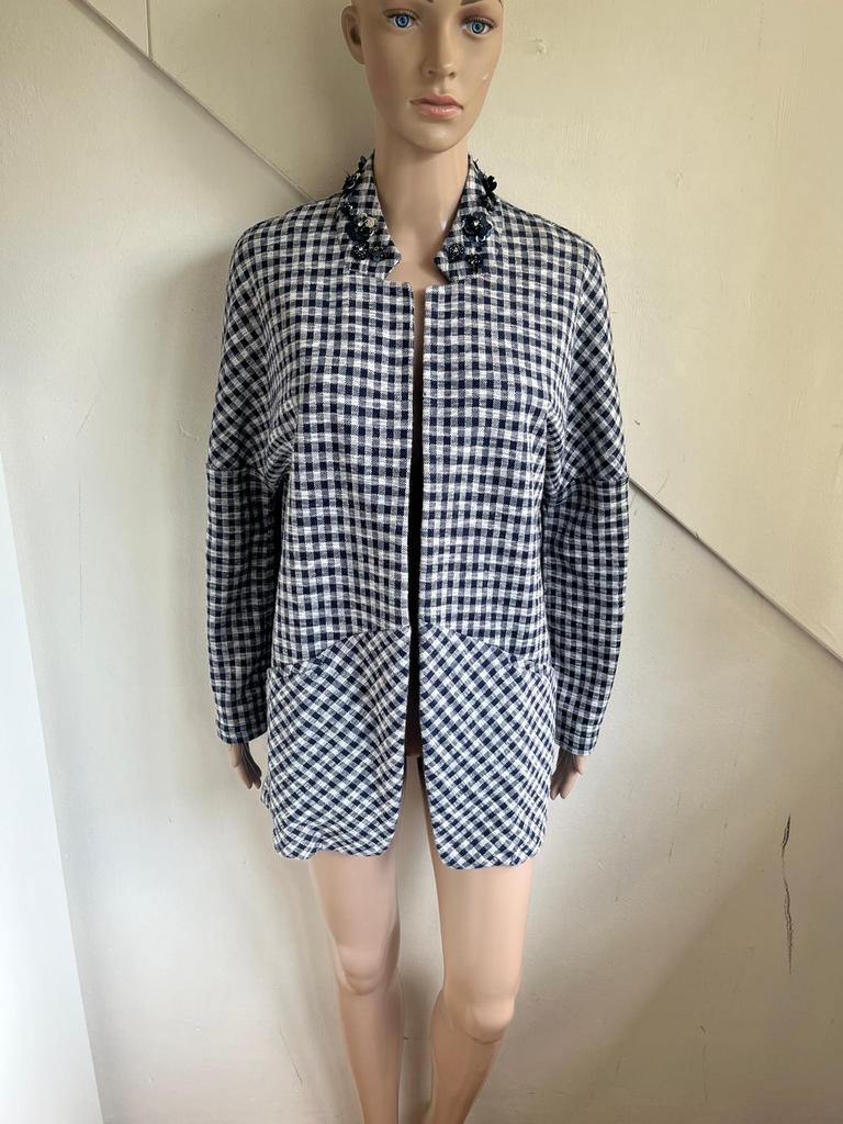 Save the Queen overjas open blazer maat 44 blauw wit geblokt, Blauw, Maat 42/44 (L), Ophalen of Verzenden, Zo goed als nieuw