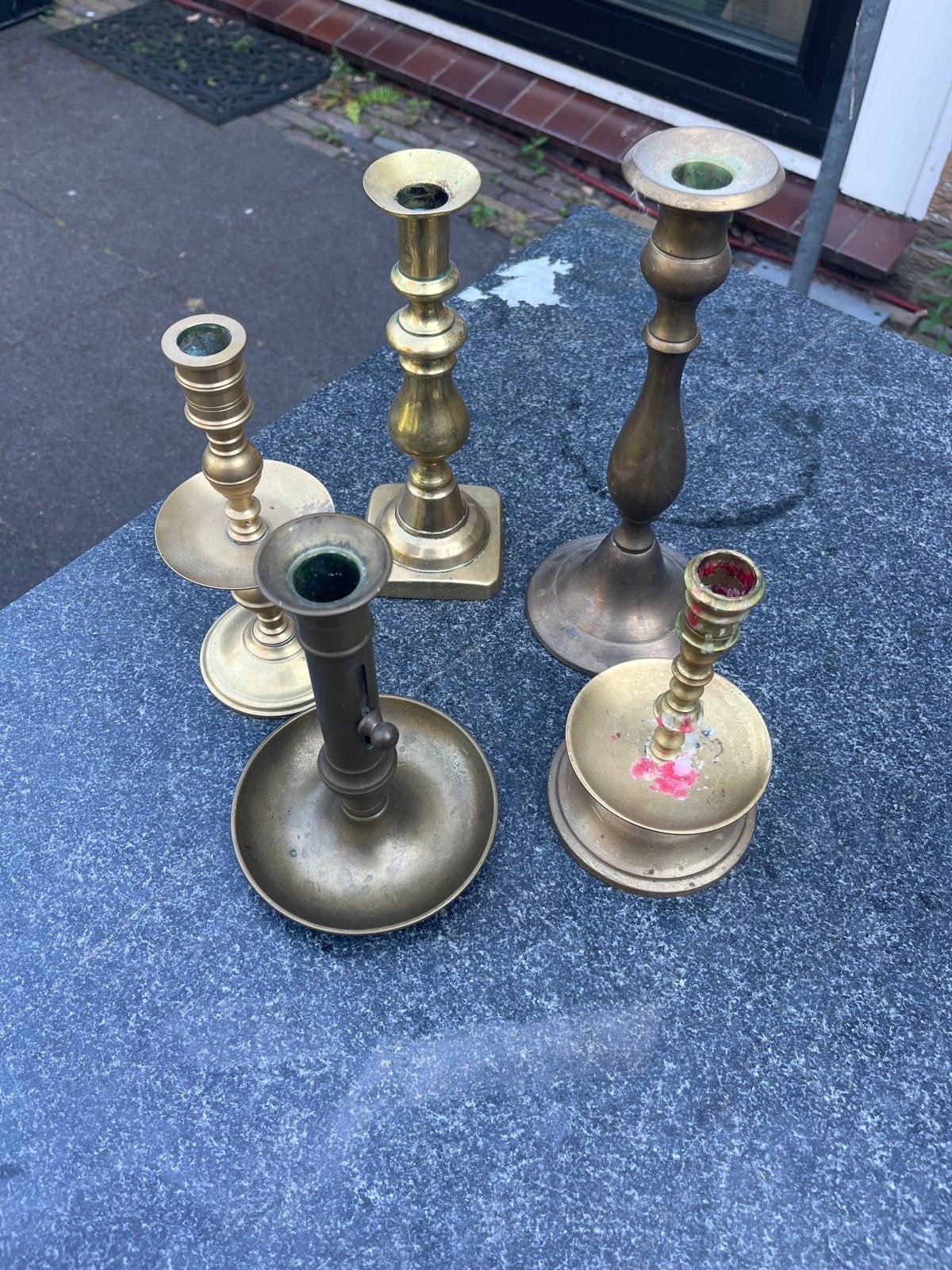 Set van 5 Antieke Messing Kandelaars, Ophalen of Verzenden, Koper of Brons