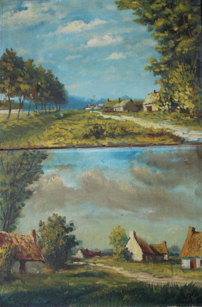 Twee bijzonder olieverven, een gesigneerd J. Hatting., Landschap, Olieverf, Klassiek, Doek