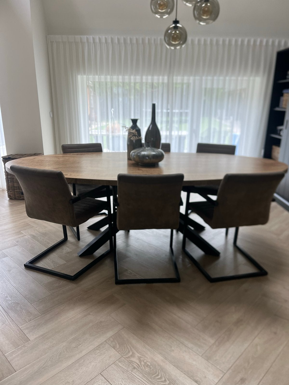 Set van 6 bruine eetkamerstoelen met armleuning, Huis en Inrichting, Stoelen, Gebruikt, Vijf, Zes of meer stoelen, Stof, Bruin