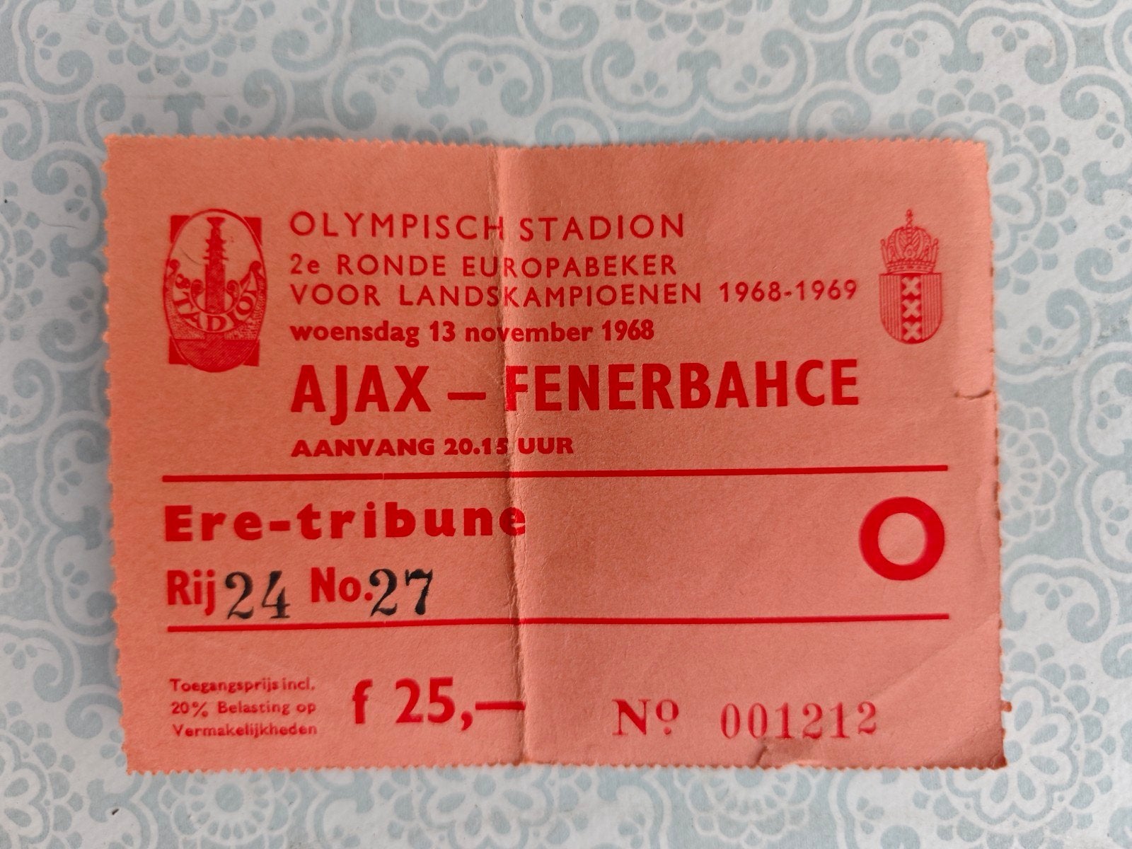 Origineel ticket wedstrijd Ajax – Fenerbahçe 1968, Tickets en Kaartjes