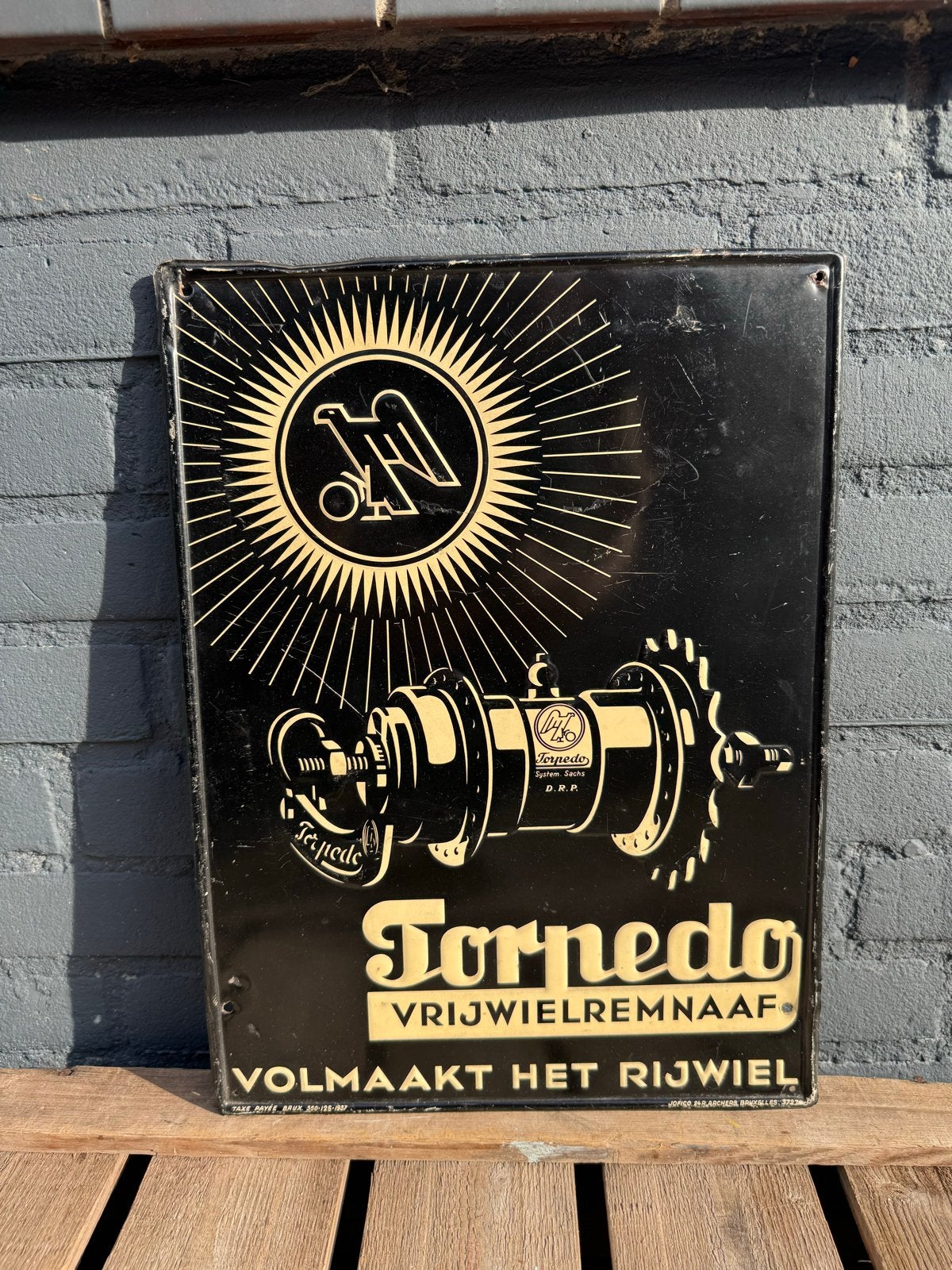 Vintage Torpedo Vrijwielremnaaf Reclamebord, Verzamelen, Reclamebord, Gebruikt, ., Ophalen of Verzenden