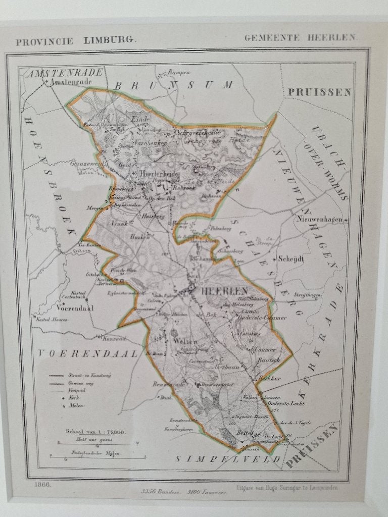Kuyper gemeentekaart Heerlen, Ophalen, Ingelijst, Offsetdruk, Kaarten en plattegronden