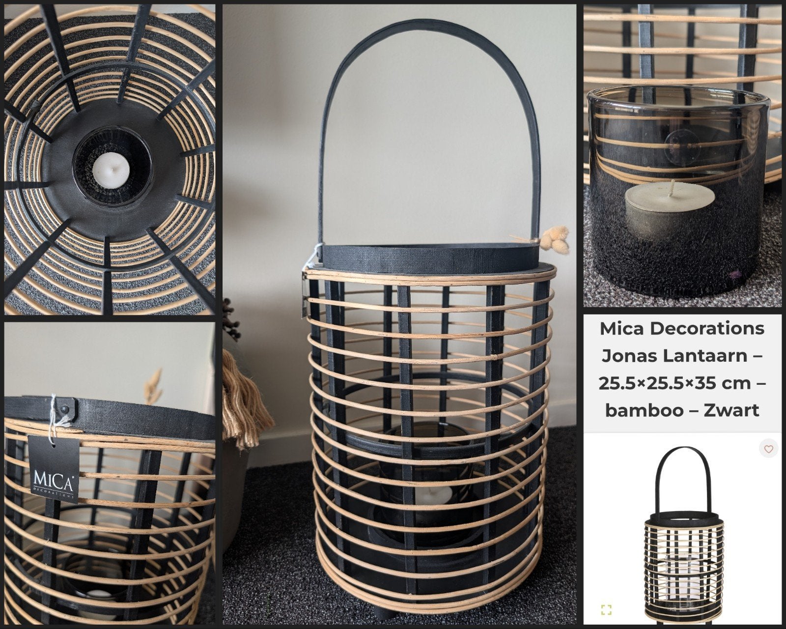 Groot houten windlicht met glazen waxinehouder Mica 35, Lantaarn, 35 cm, Nieuw, Ophalen of Verzenden