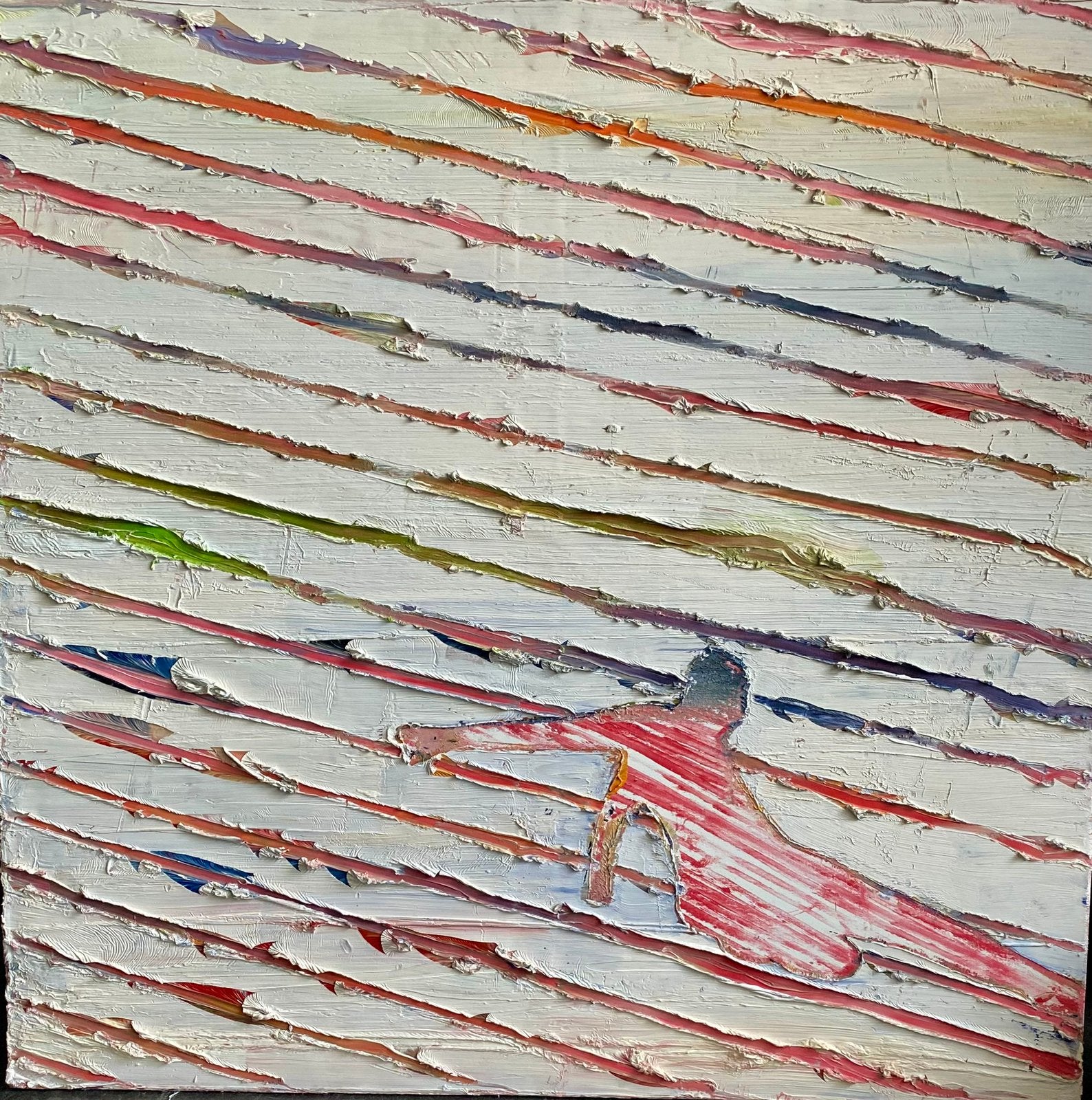 Olieverf op doek, 1 x 1 m , sliding voetbal , Inge Schenke, Ophalen
