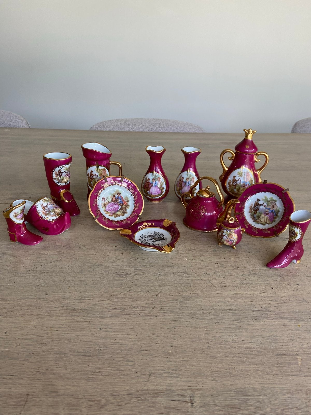 13-delige Limoges Miniatuur Porselein Set - Bordeauxrood, Ophalen of Verzenden