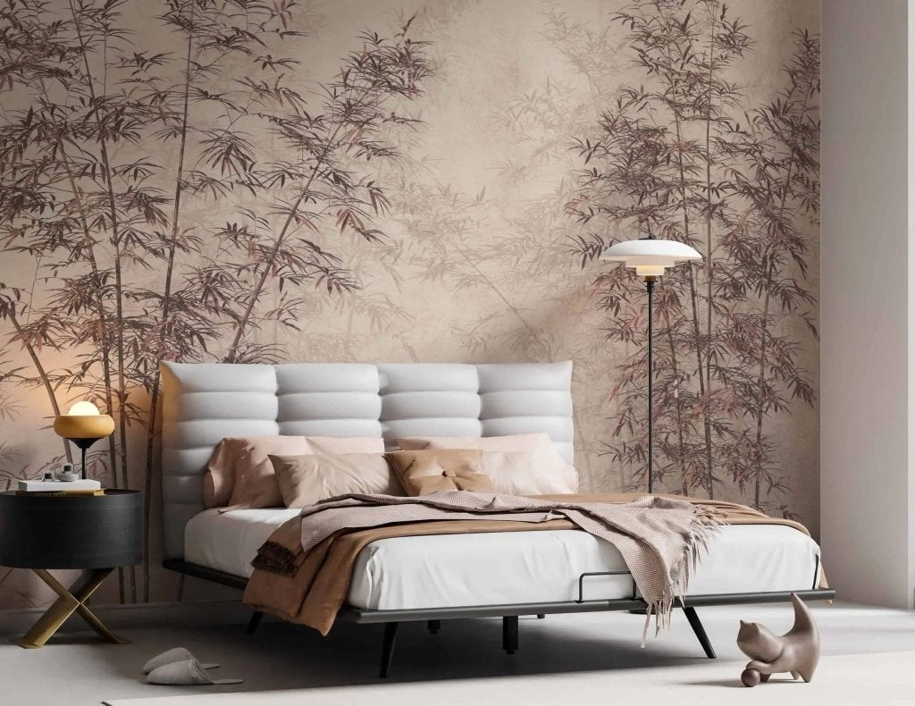 Bamboe behang slaapkamer – beige nevel op maat, Bladeren, Meerkleurig, Natuurlijk, Overige merken