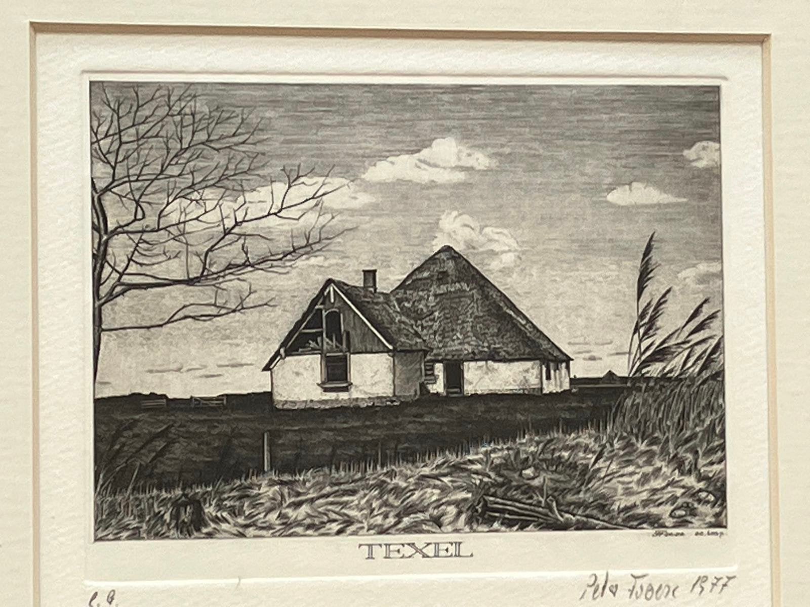 Texel ets met boerderij, ingelijst in lijst met glas, Ophalen, Landschap, Ets, Gesigneerd