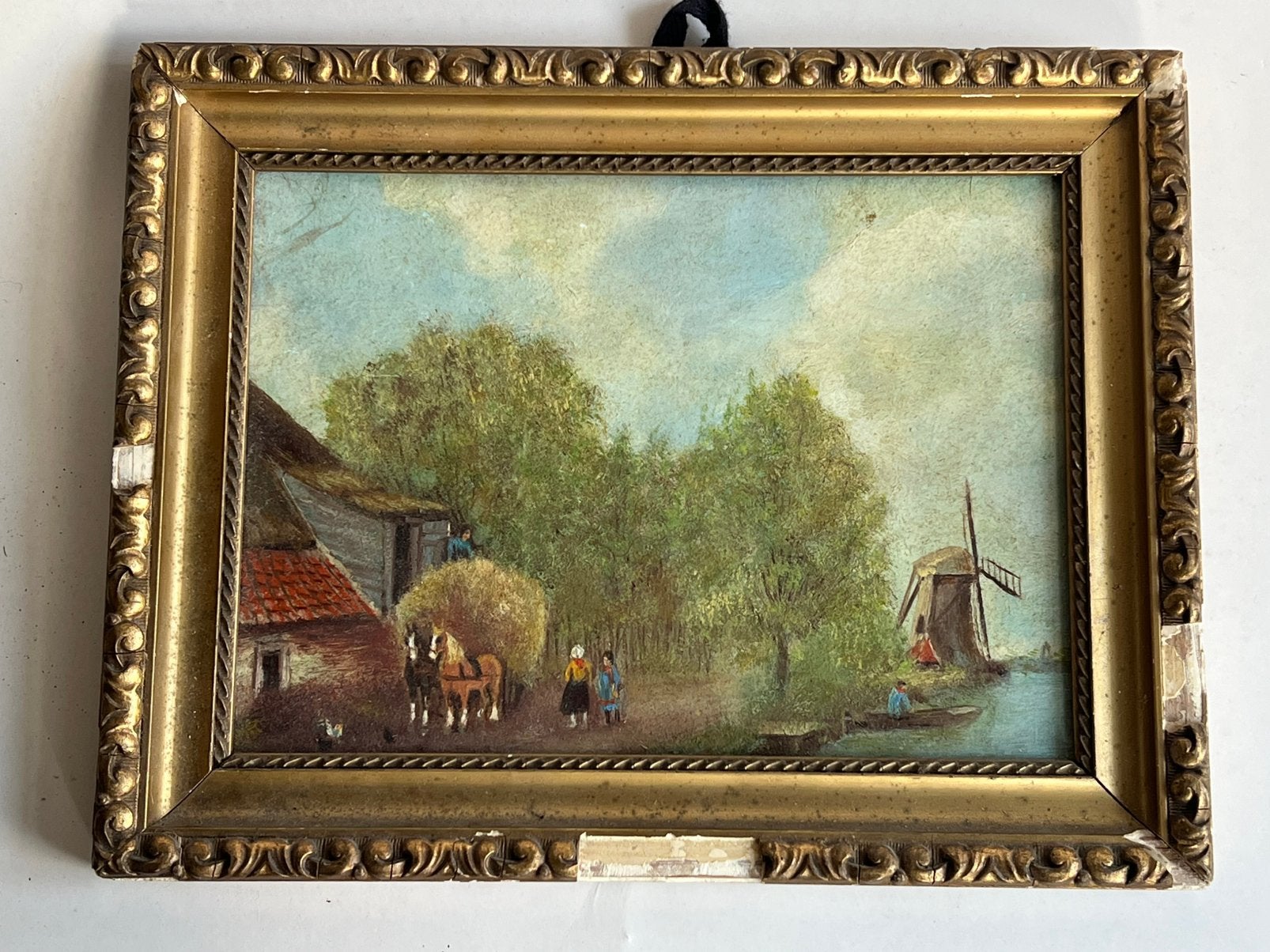 Naïef schilderijtje met molen en hooiberg, Ophalen of Verzenden