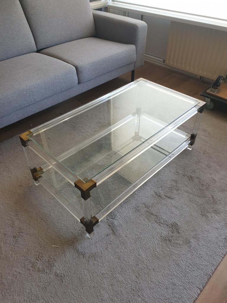 Design salontafel – Plexiglas / Lucite & Messing – Hollywood, Huis en Inrichting, Tafels | Salontafels, Ophalen, 100 tot 150 cm