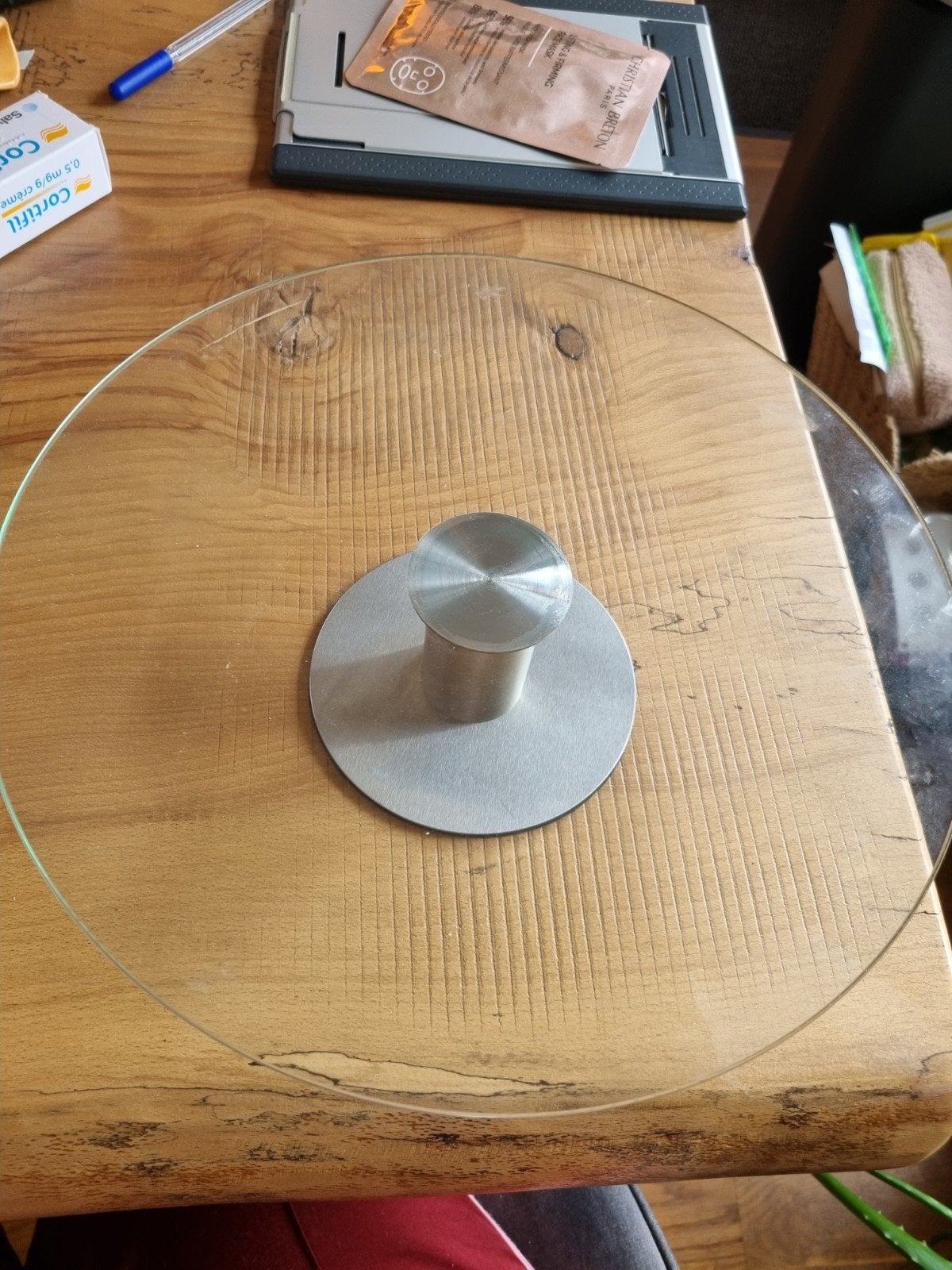 Taartplateau van glas met metalen voet - 30 cm diameter, Ophalen, Zilver, Glas, Overige typen