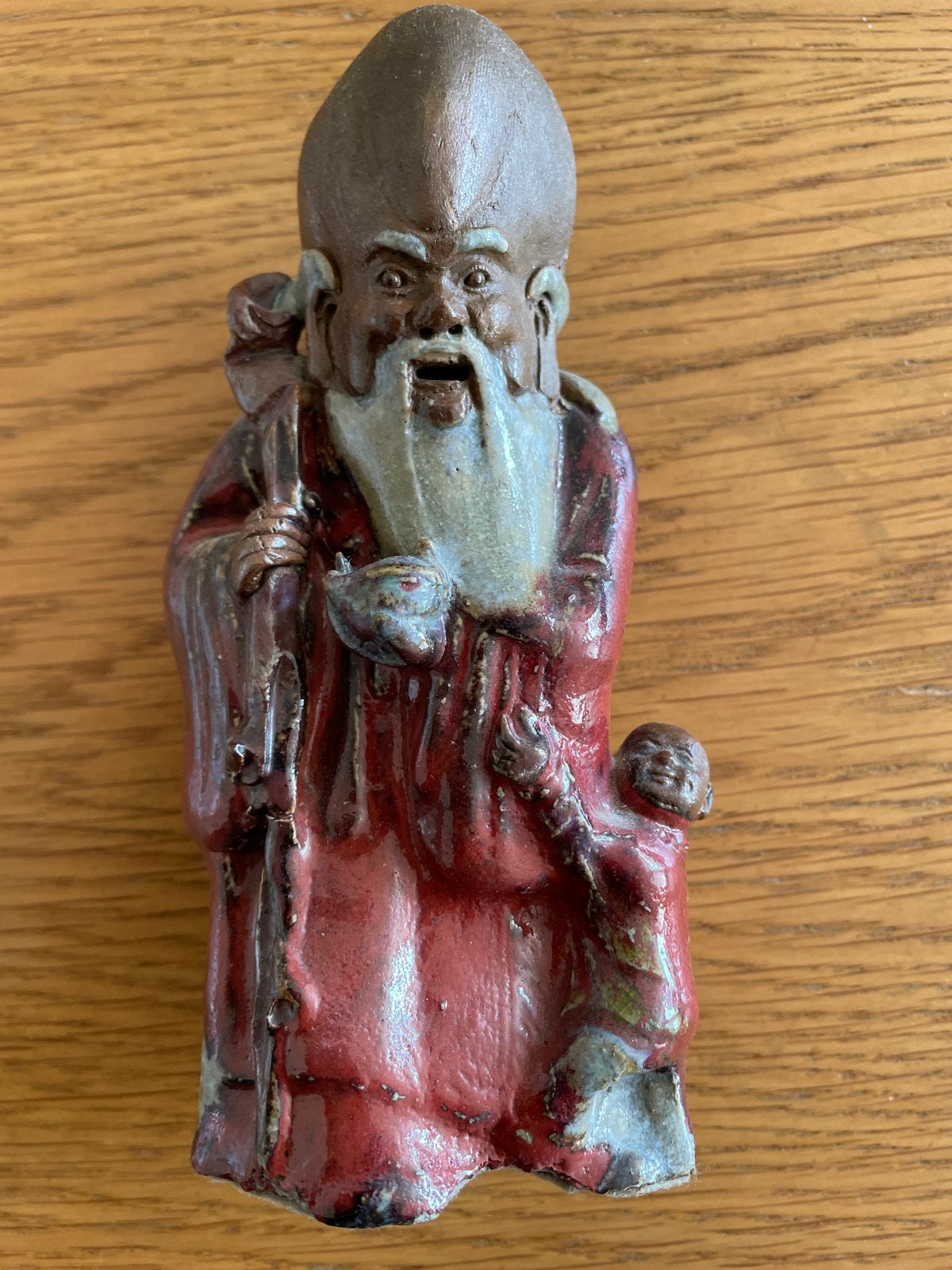 Oude Chinese Wijze Man met Kind Beeldje - Rood Keramiek, Antiek en Kunst, Ophalen of Verzenden