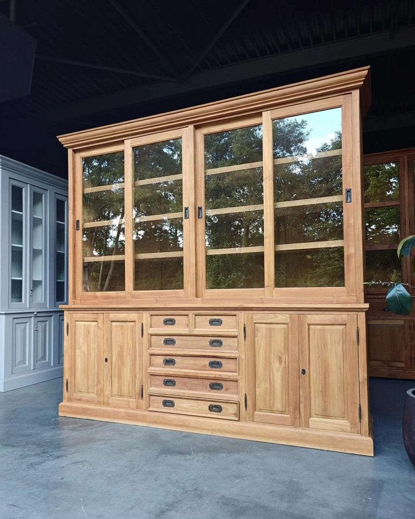 Brede teakhouten winkelkast | Vitrinekast | Teak #4899, Gebruikt, -, 200 cm of meer, -