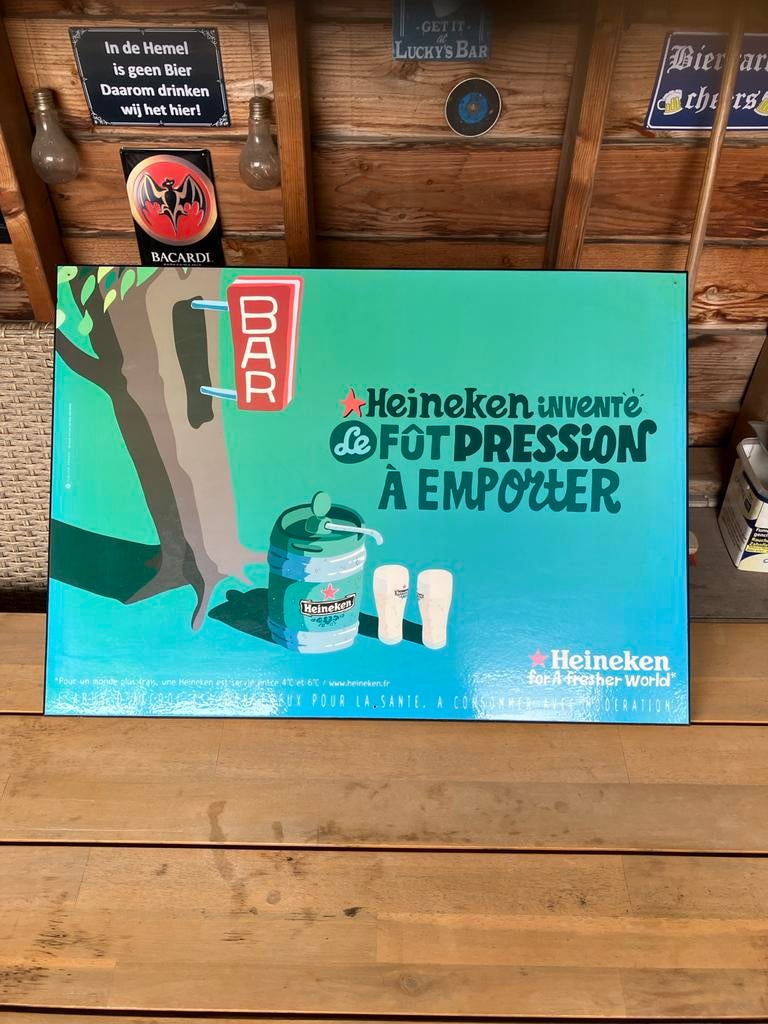 Heineken Reclamebord - Fût Pression À Emporter, Verzamelen, Biermerken, Ophalen, Zo goed als nieuw, Reclamebord, Plaat of Schild