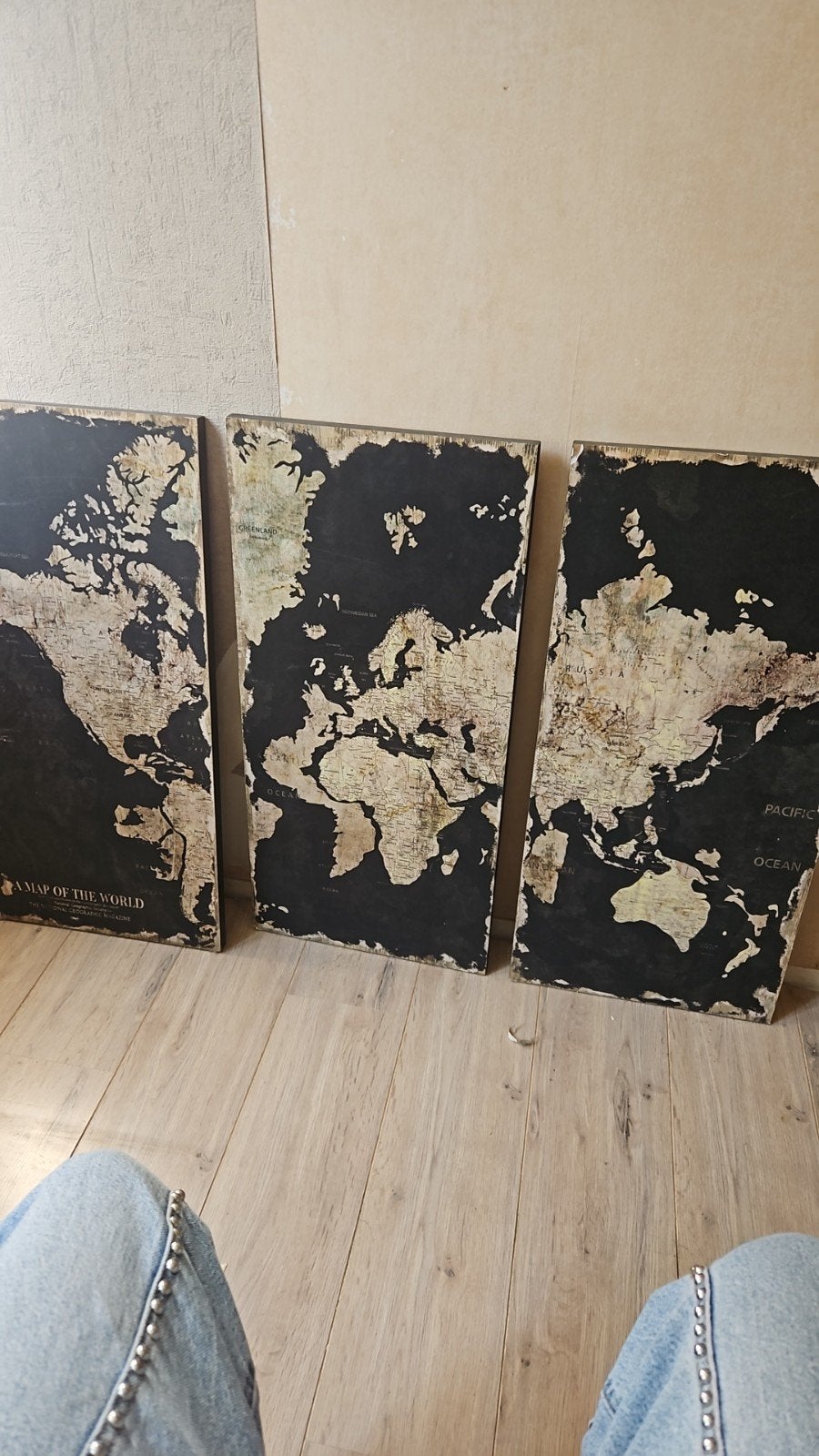 3 Luikse schilderijen op hout - Wereldkaart design, Antiek en Kunst, Kunst | Schilderijen | Klassiek, Ophalen of Verzenden