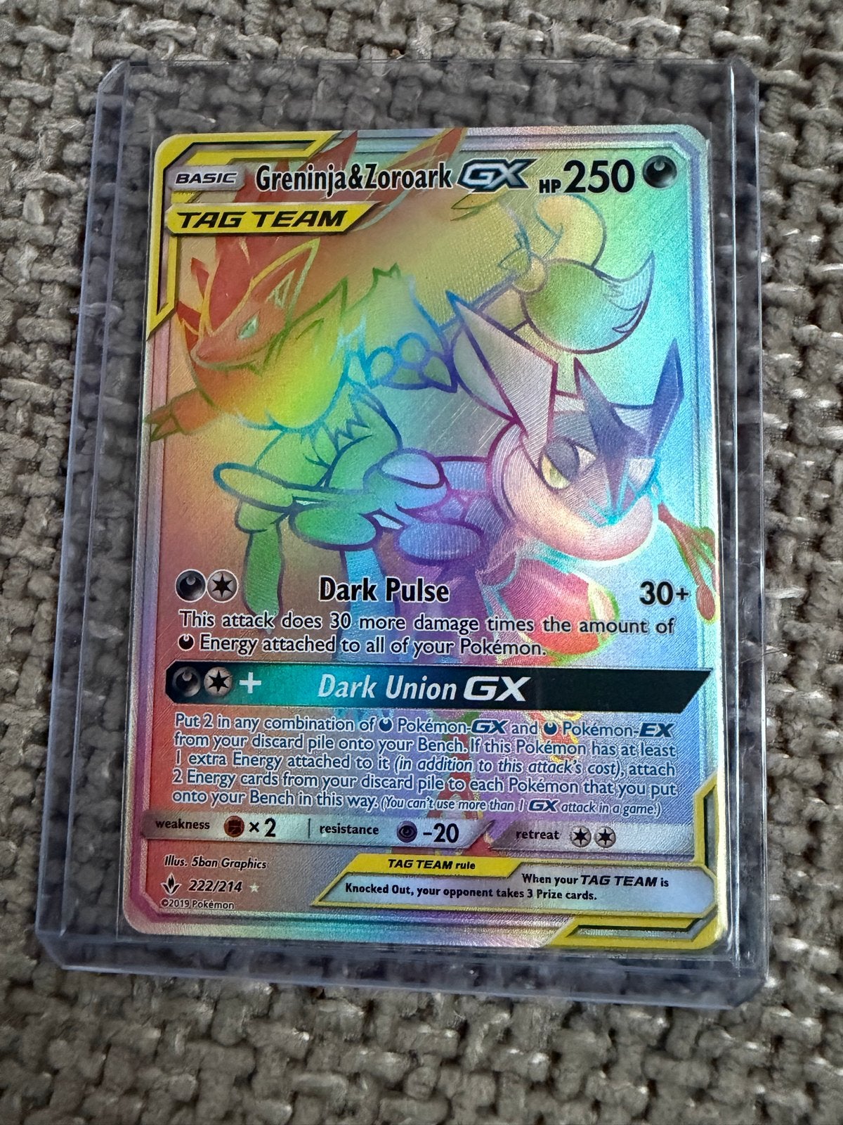 Pokémon Greninja & Zoroark GX Rainbow Rare 222/214, Ophalen of Verzenden, Zo goed als nieuw, Losse kaart, Foil