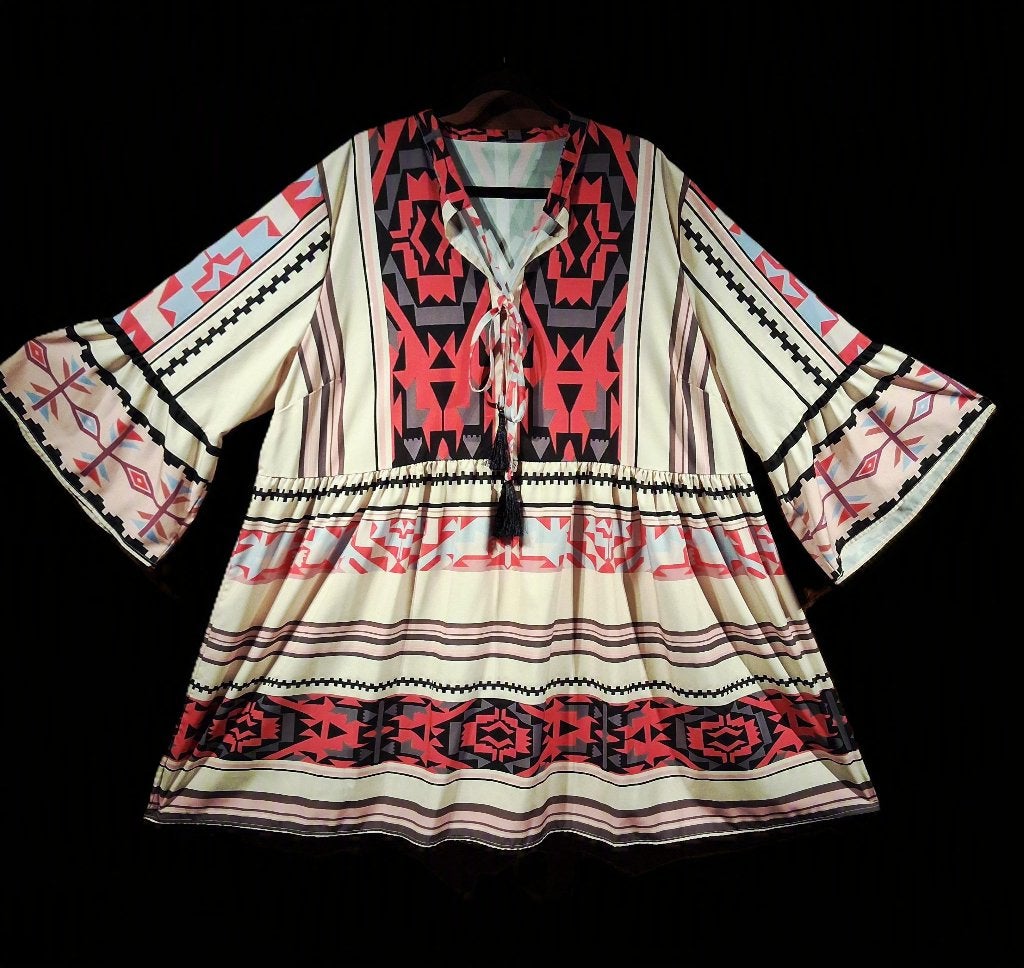 Boho jurk crème zwart roze 50-52, Kleding | Dames, Grote Maten, Verzenden, Nieuw, Overige kleuren, Jurk