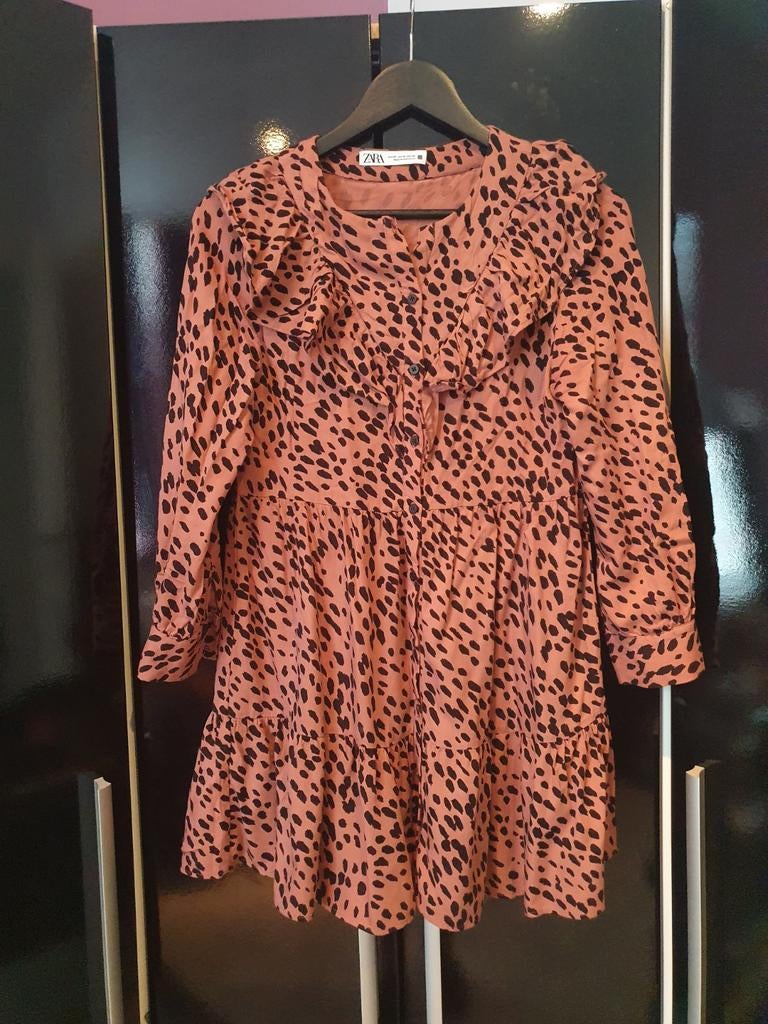 Zara jurk met dierenprint en ruches - Maat XS, Bruin, Zara, Ophalen of Verzenden, Zo goed als nieuw