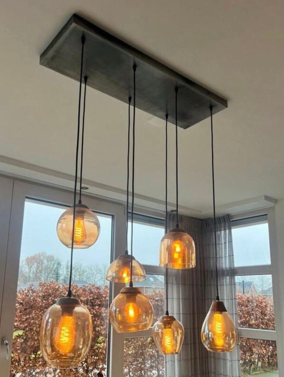 Hanglamp met 7 goudgele glazen bollen, Ophalen of Verzenden, Zo goed als nieuw, Glas