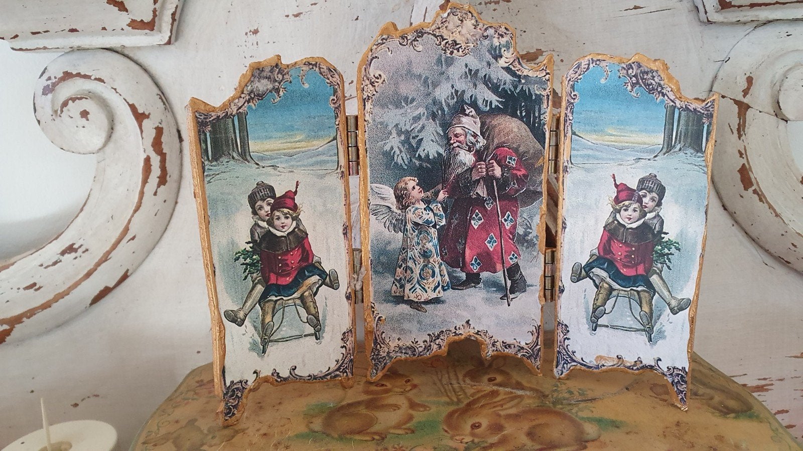 brocante stijl kleine barok drieluik  nostalgische kerst enz, Ophalen of Verzenden