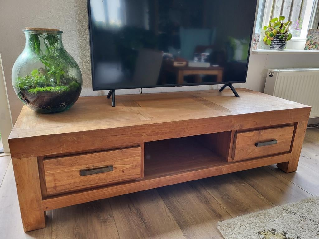 Robuust TV meubel van hout met lades en open vak, Ophalen, Gebruikt, 100 tot 150 cm, Minder dan 100 cm