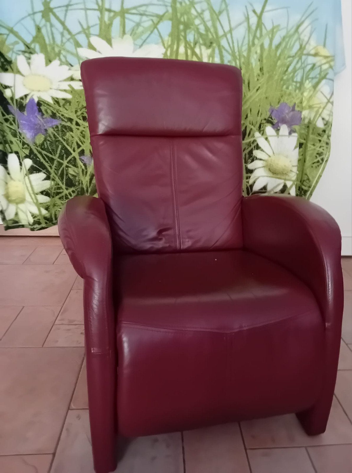 Bordeauxrode leren relaxfauteuil, Huis en Inrichting, Fauteuils, Ophalen, Gebruikt, Minder dan 75 cm, Leer
