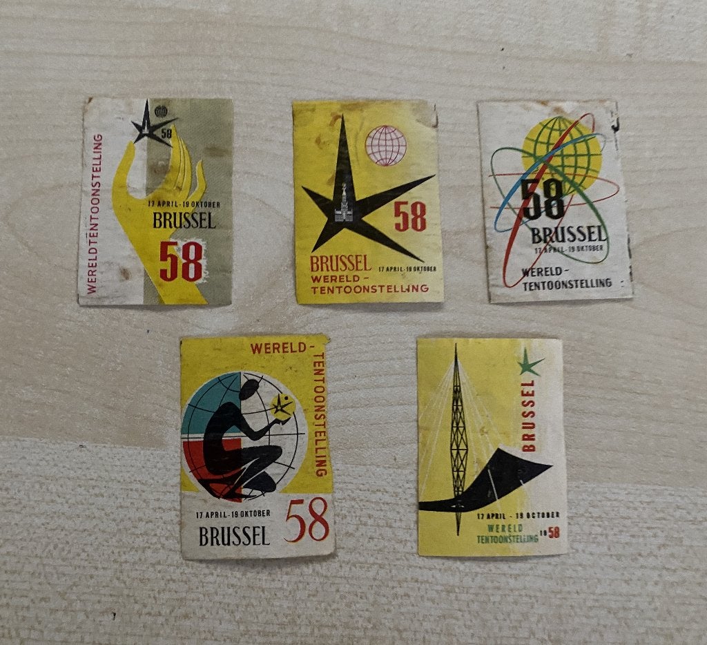 50 jaren 5 oude luciferplaatjes van EXPO 58 BRUSSEL, Ophalen of Verzenden, Gebruikt, Overige typen