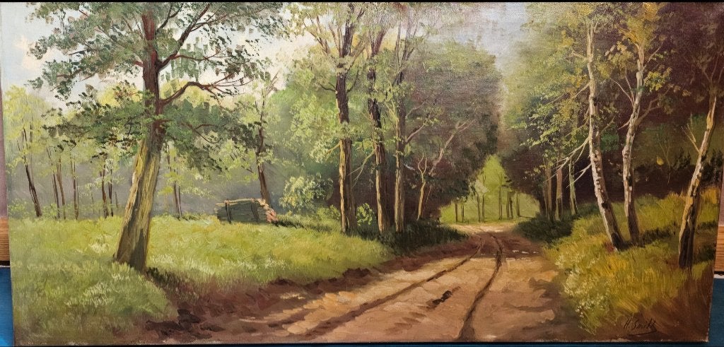 Vintage Olieverfschilderij Boslandschap – (Mid-Century), Antiek en Kunst, Kunst | Schilderijen | Klassiek, Nederlandse school