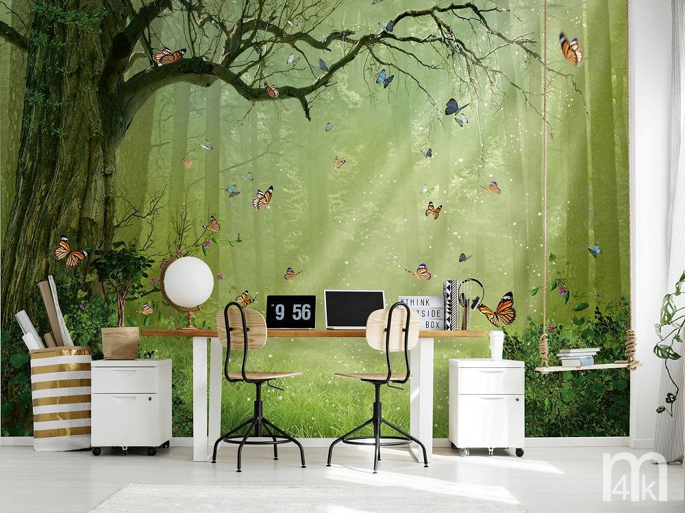 Bos behang met vlinders, vlinderbehang, Muurdeco4kids, Verzenden, Fotobehang