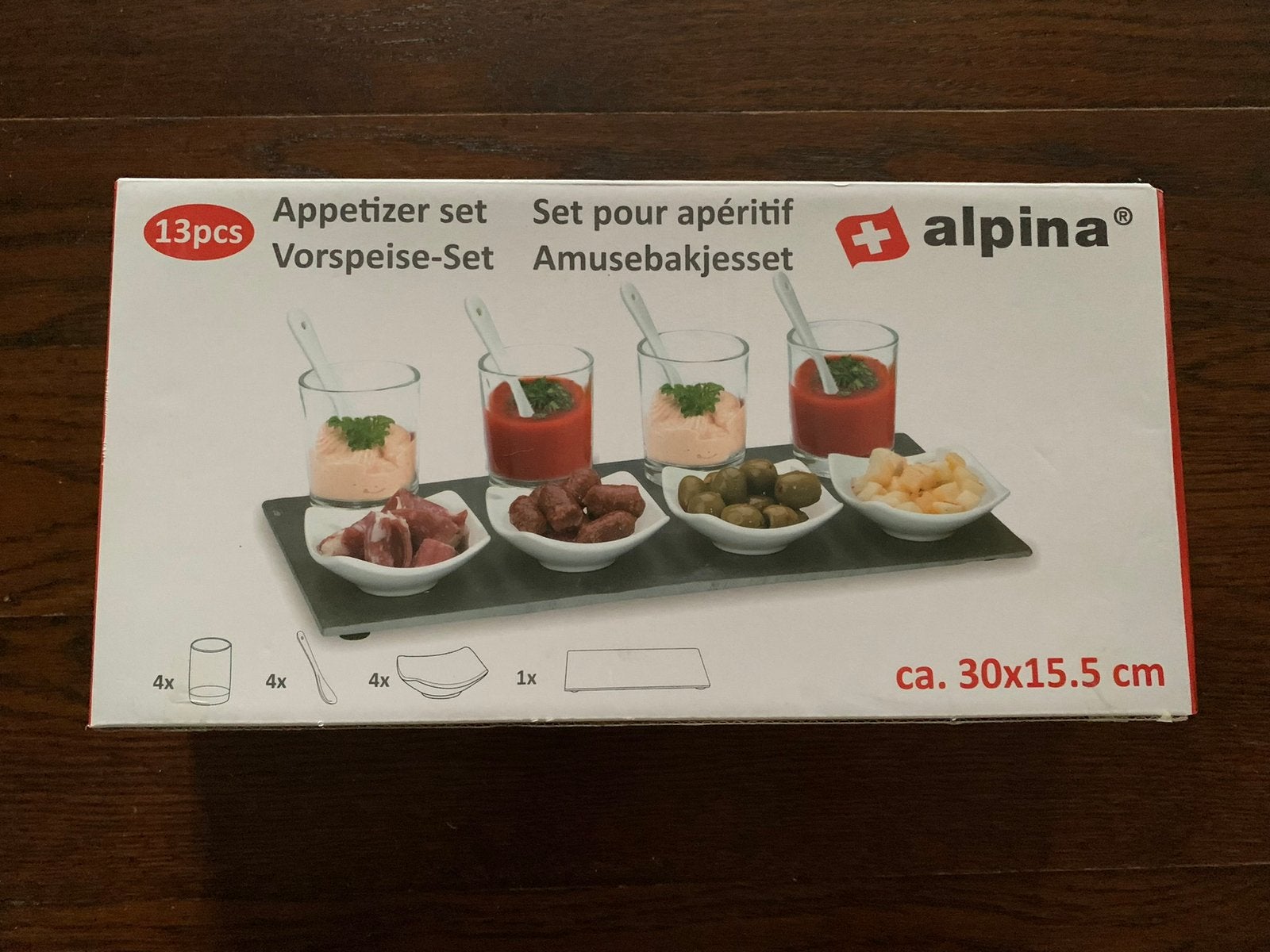 Amuseset 13-delig: 4 glaasjes, 4 lepels, 4 vorkjes, 1 leiste, Ophalen of Verzenden, Zo goed als nieuw, Keramiek, Overige stijlen