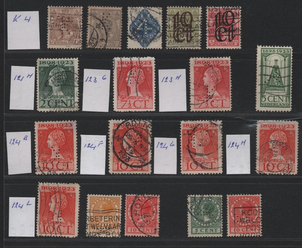 Perfins Nederland  - - -  18  zegels met  Perfin  K 4, Postzegels en Munten, Ophalen of Verzenden, T/m 1940, Gestempeld