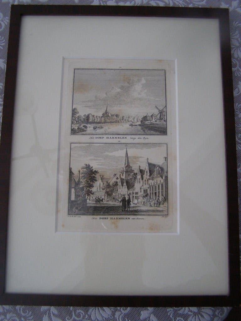 2x gravure Harmelen, langs de Rijn en binnen. Ingelijst 1744, Antiek en Kunst, Stadsgezicht, Ophalen of Verzenden, Gravure, 9 cm