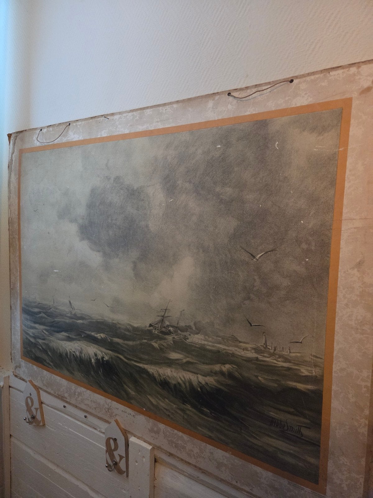 Antieke Maritieme Print: Schip in woeste zee, Maritiem / water, Realistisch, Ophalen of Verzenden, Gesigneerd