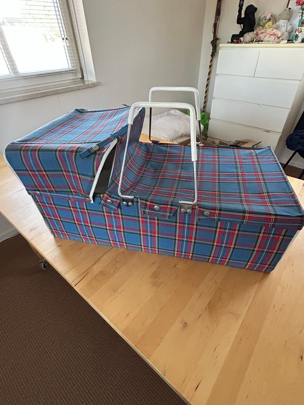 Vintage reiswieg met Schotse ruit - Blauw/Rood, Ophalen, Gebruikt, Wieg