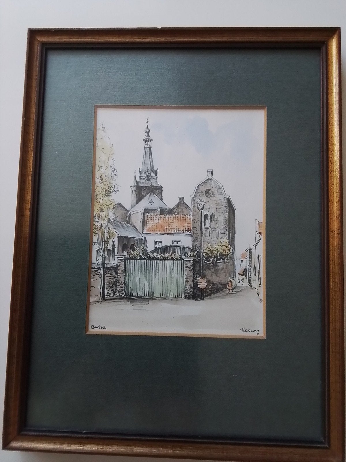 Gesigneerde aquarel Tilburgs straatbeeld met kerk, Ingelijst, Realistisch, Ophalen of Verzenden, Aquarel