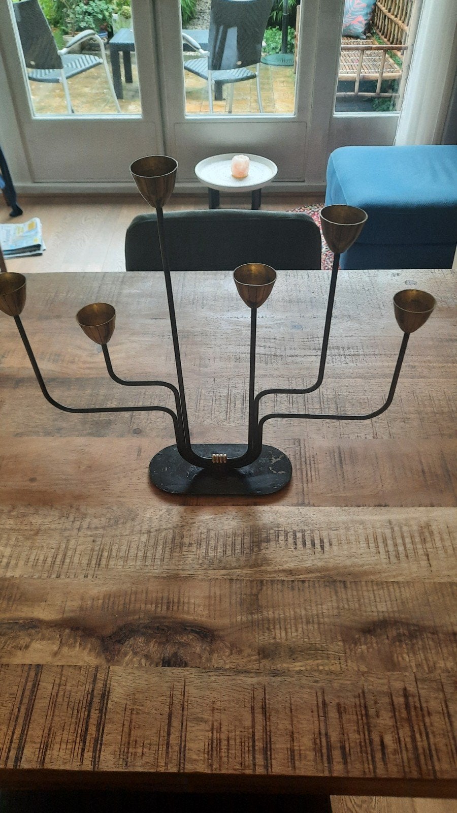 Vintage gietijzeren kandelaar met zes armen, Ophalen, Koper of Brons