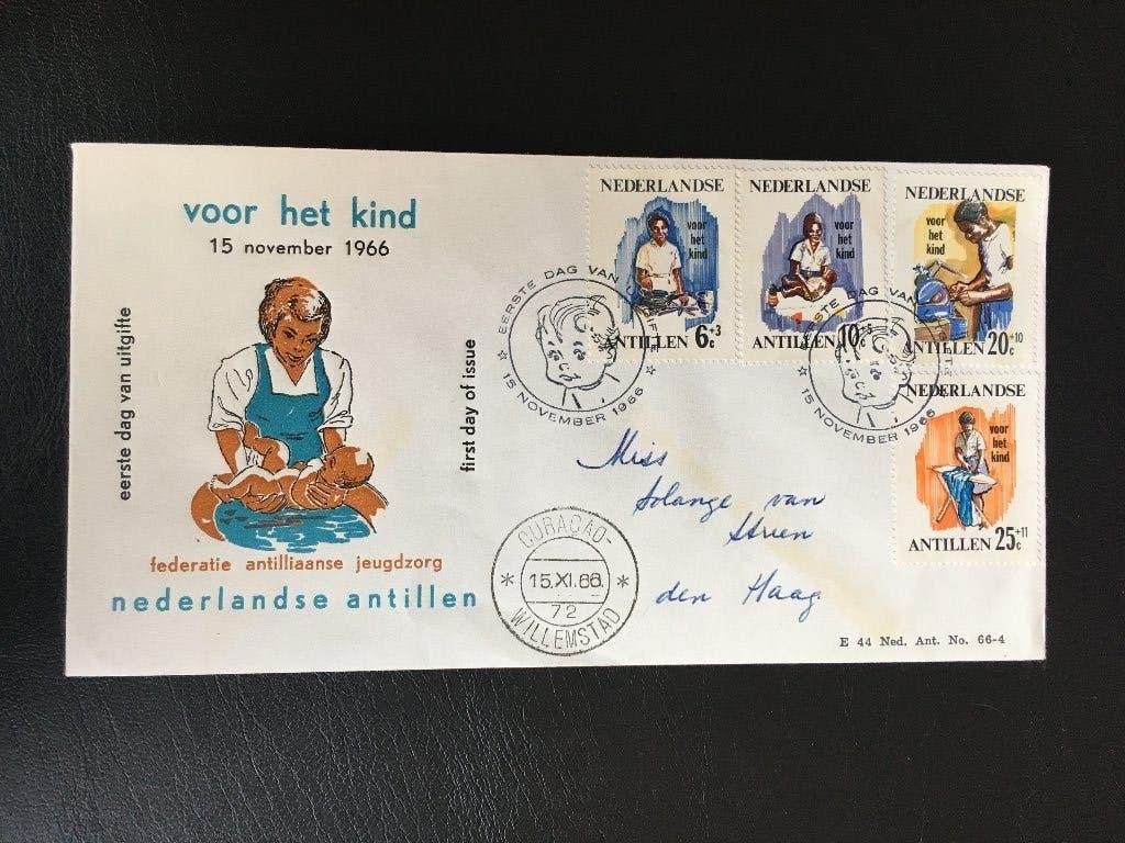 R9-E44 Ned. Antillen 1966 - FDC E44 Voor het kind Beschreven, Postzegels en Munten, Postzegels | Eerstedagenveloppen, Ophalen of Verzenden