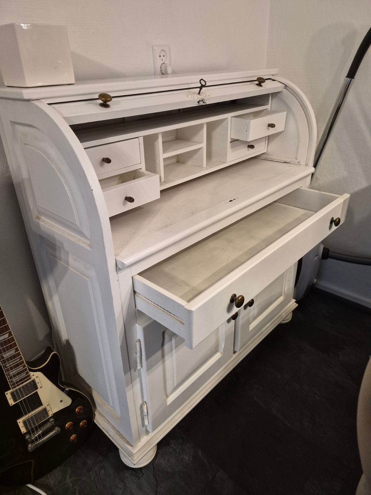 Vintage Secretaire met Rolluik en Uitschuifbaar Werkblad, Ophalen