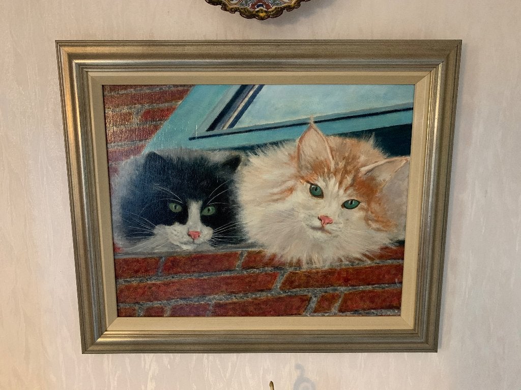 Poezen schilderij, Antiek en Kunst, Paneel, Ingelijst, Realistisch, Dieren