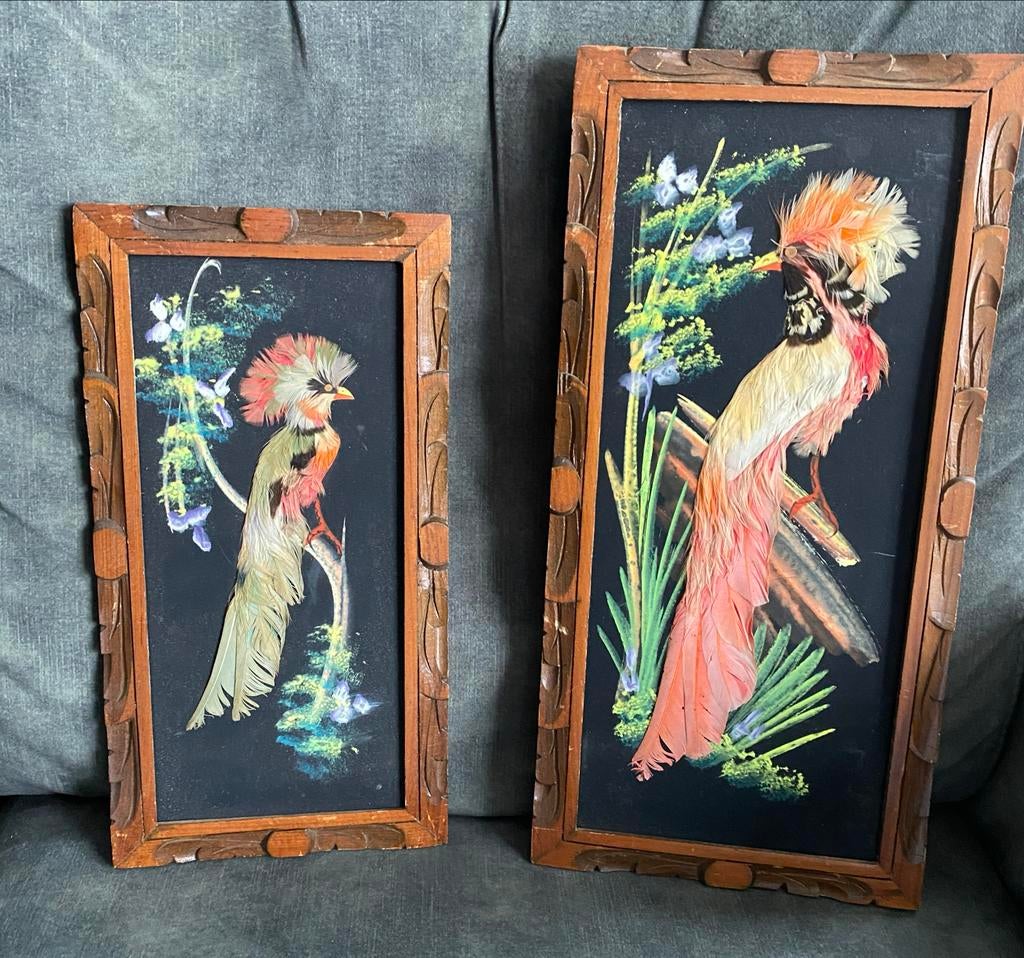 Vintage Mexicaanse kunst met vogels van veren - set van 2, Antiek en Kunst, Ophalen