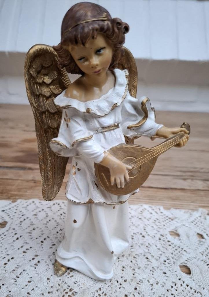 Vintage engel met instrument KERST, 20 cm, Gebruikt, -, -, Ophalen of Verzenden