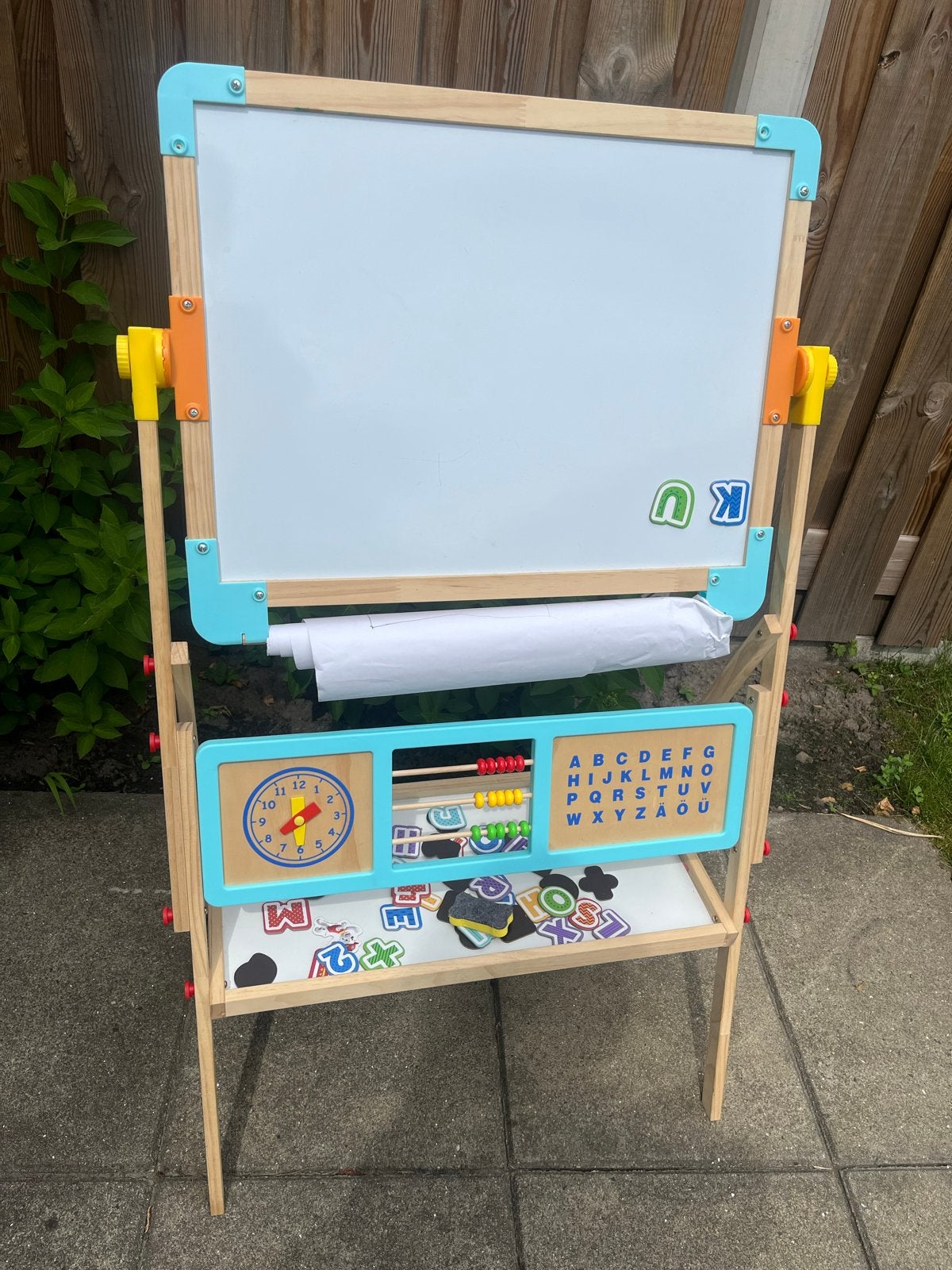 Houten kinderbord: krijt, whiteboard, magneet & telraam, Ophalen, Gebruikt, Knutselen