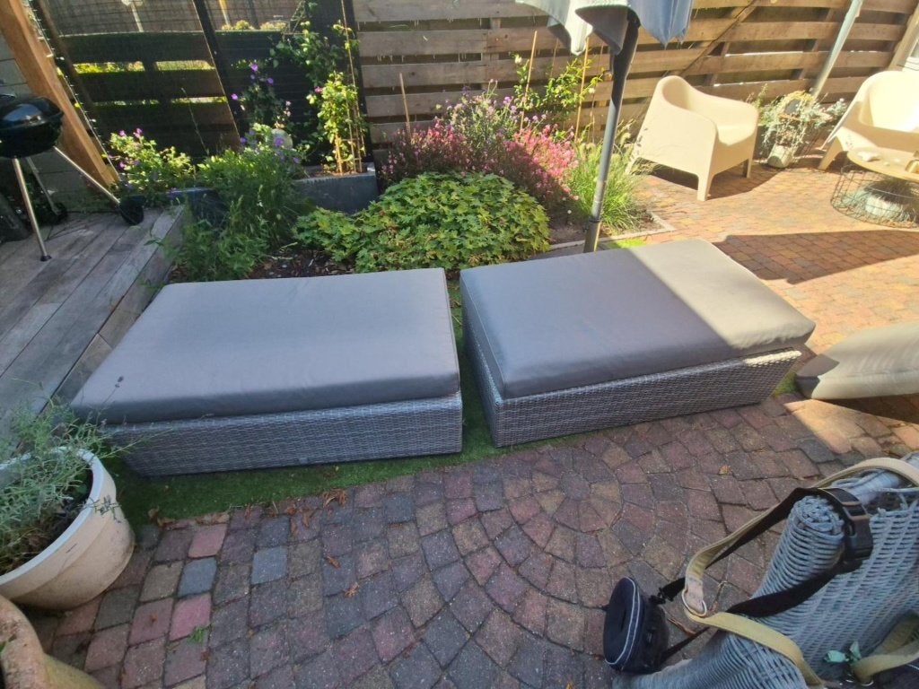 2 grote Le Sud lounge wicker hockers met kussens, Gebruikt, Hocker, Loungeset, Wicker