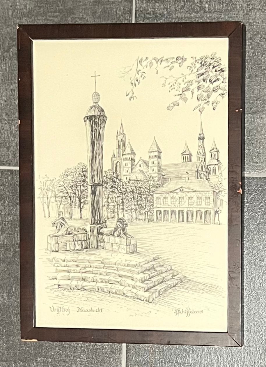 Vintage Tekening Vrijthof Maastricht - Gesigneerd, Antiek en Kunst, Ophalen of Verzenden