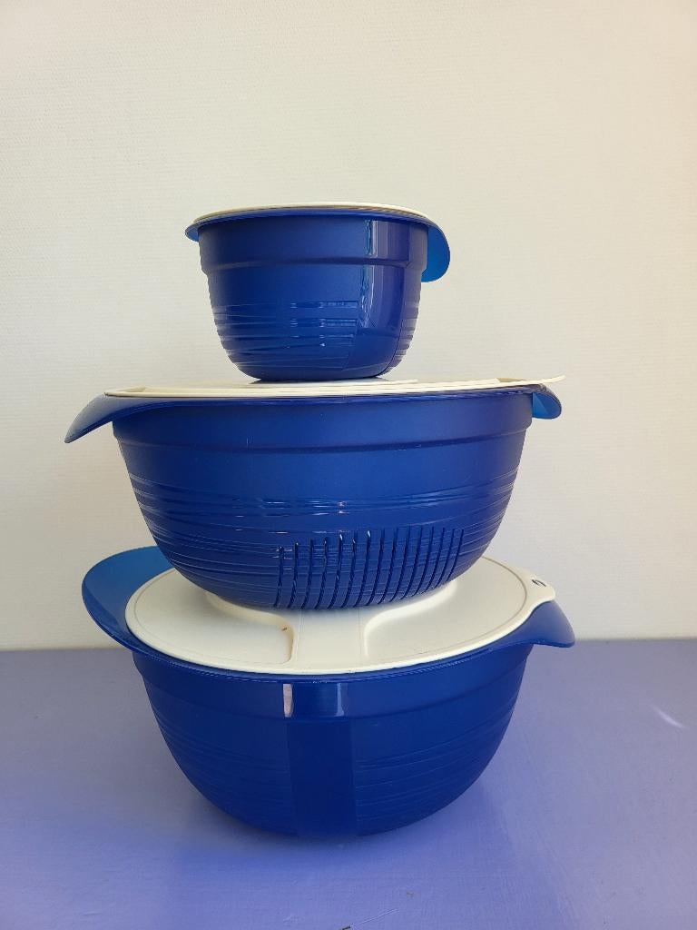 Tupperware set van schaal, vergiet en smeltkom met deksels, Ophalen of Verzenden, Zo goed als nieuw, Blauw, Overige typen