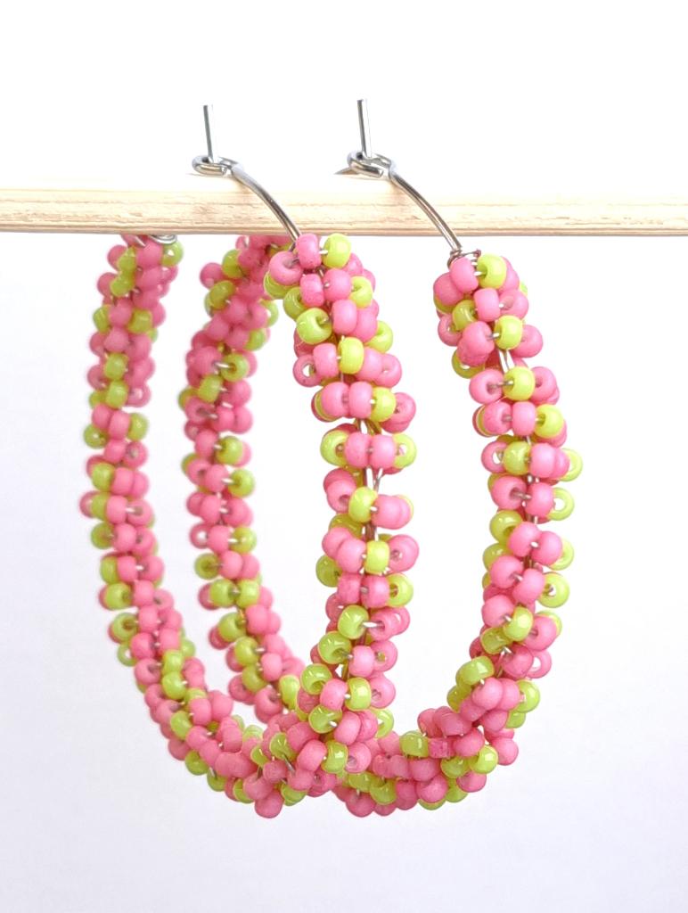 Sale creool oorbellen roze/lime HANDMADE MAAT L, Overige materialen, Nieuw, Roze, Eveline@pimpschuur.nl
