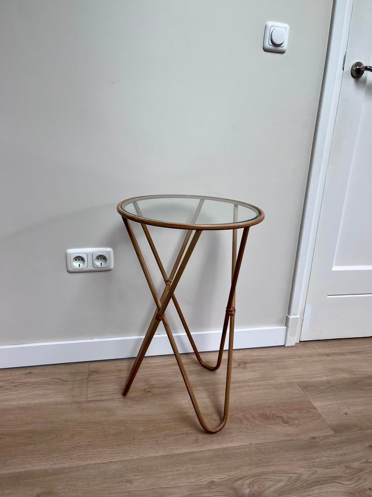 Bijzettafel van glas en rotan, Minder dan 55 cm, Rond, Ophalen, 45 tot 60 cm