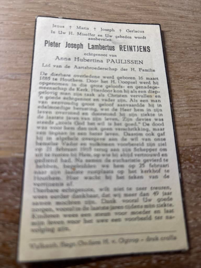 Reintjens Pieter 1885 Houthem 1955 x Paulissen - 28372, Ophalen of Verzenden, Bidprentje